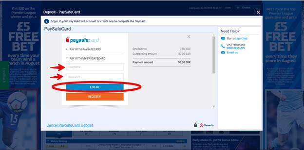 William Hill screenshot displaying Paysafecard pop-up where users can log in to their Paysafecard account